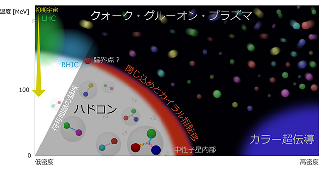 地球上は低温低密度（左下）で、素粒子クォークは陽子や中性子などのハドロン内に閉じ込められている。超新星内部のような高密度、宇宙初期のような高温ではクォーク・グルーオン・プラズマ状態へ相転移すると考えられている。