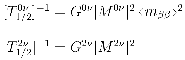 図2：ゼロニュートリノ二重ベータ崩壊の崩壊率（上）と2ニュートリノ二重ベータ崩壊の崩壊率（下）を表す公式。