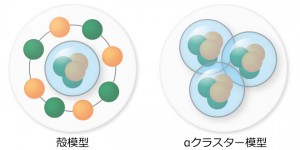 図3　殻模型（左）とαクラスター模型（右） 殻模型は、原子核の中心にある陽子と中性子の塊の周りを陽子や中性子などの核子が回っているとするモデル。αクラスター模型は、α粒子を基本的な構成単位とするモデル。炭素の原子核（陽子6個、中性子6個）はα粒子3つからなると考える。
