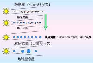 図2：太陽系の惑星が衝突合体を繰り返して成長する様子。「微惑星」が成長して火星サイズの「原始惑星」ができ、さらに衝突合体をして、現在の惑星の姿になったと考えられている。それぞれの過程で確からしいと認められいるシミュレーションが確立している。（Greenberg et al. 1978, Wetherill and Stewart 1989, 1993, Kokubo and Ida 1996, Inaba et al. 2001; Makino et al. 1998, Kokubo and Ida 1998; Weidenschilling et al. 1997, Kokubo and Ida 1998, 2000, 2002; Chambers and Wetherill 1998, Agnor et al. 1999, Iwasaki et al. 2002, Kominami and Ida 2002）